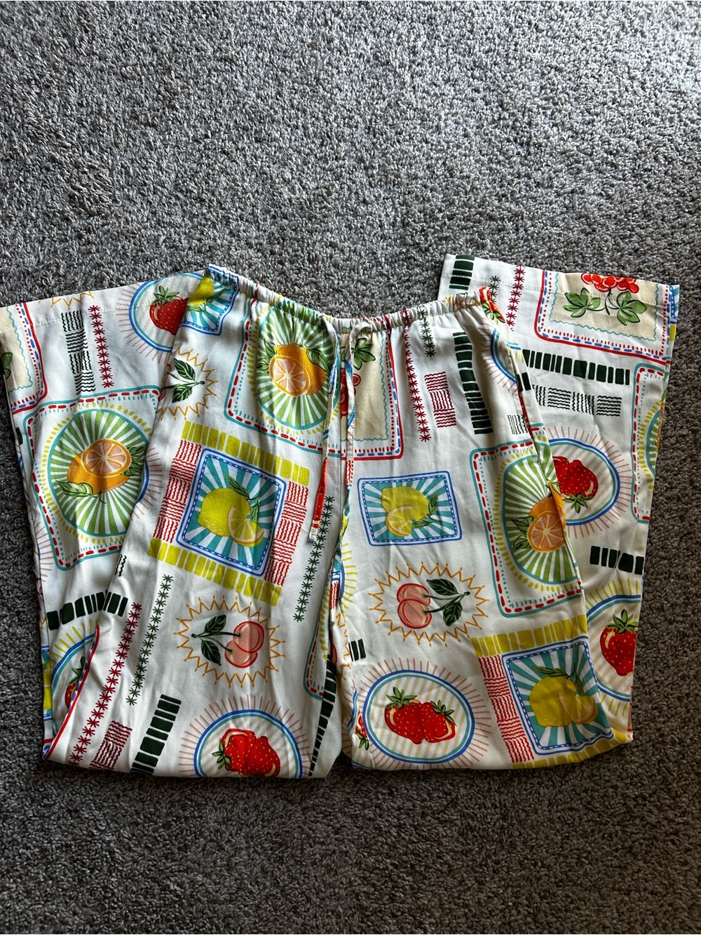Sincerely Jules White Multi Fruit Print Wide Leg Pants